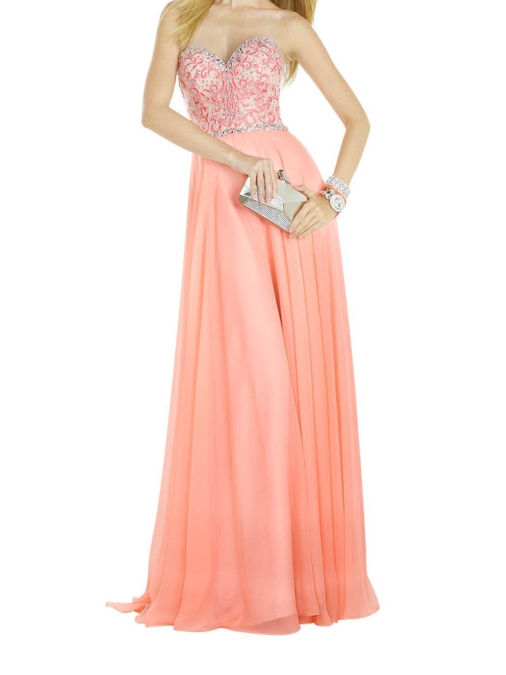 Alyce Paris Strapless Coral Peach Beaded Chiffon Formal Prom Dress